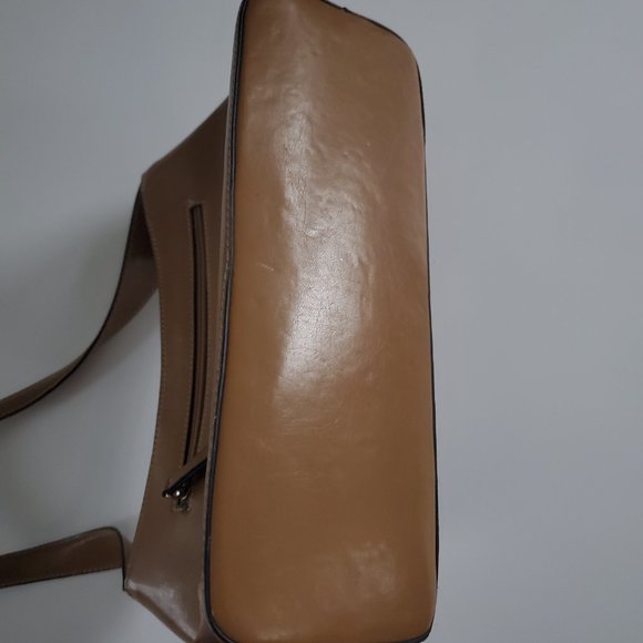 Y2K Patchwork Handbag Faux Leather Tan Black Brown Modernist Retro Colourblock - Picture 7 of 9